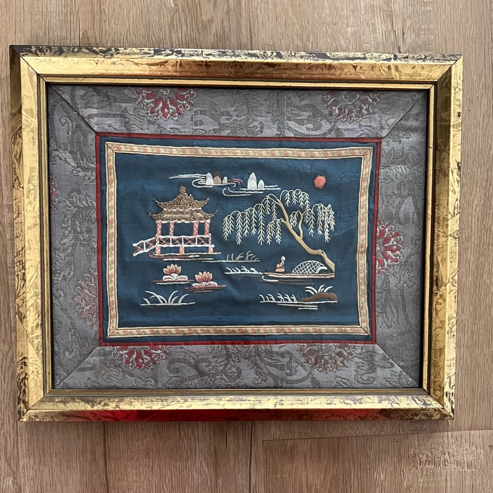 Antique Chinese Embroidered Framed Tapestry‎ Fabric Silk Chinese Garden
